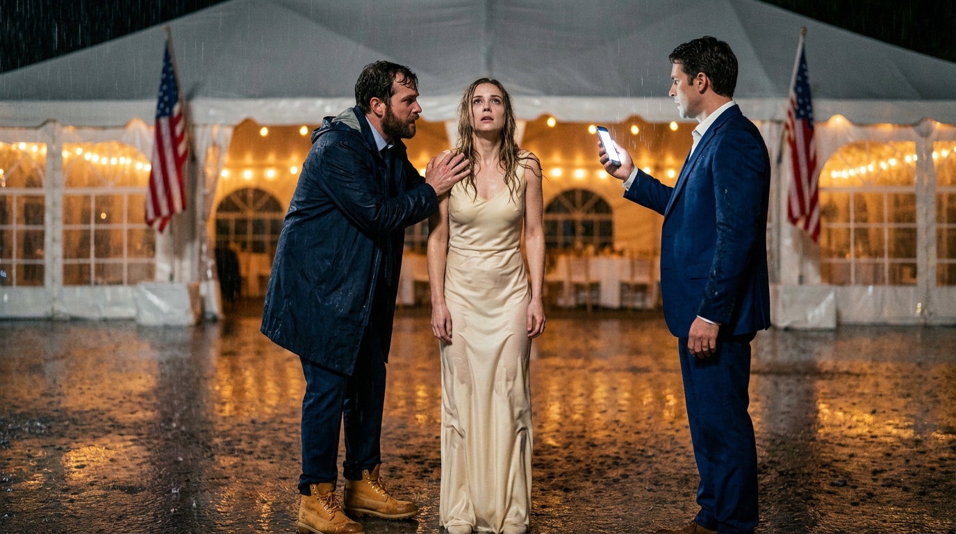 Meus pais me fizeram sentar no banco de trás do carro no casamento da minha irmã, debaixo de chuva. Depois, ela “acidentalmente” derramou vinho tinto no meu vestido de seda branco e disse que eu não deveria aparecer nas fotos. Eu não chorei. Fiquei lá parada, encharcada, segurando o buquê como se fosse um adereço. Então, o SUV preto do meu marido parou. A música parou. E em apenas trinta segundos… o noivo foi levado para fora.