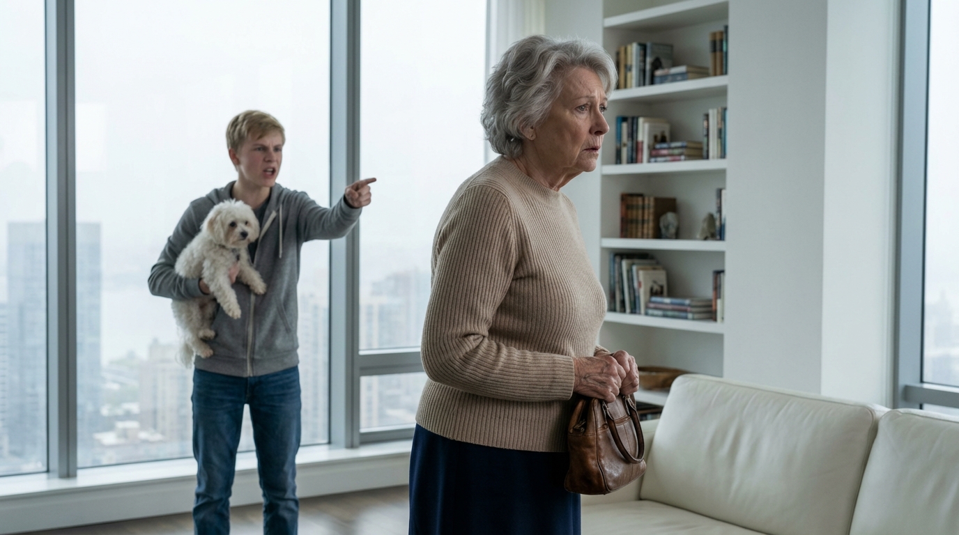 Meu neto gritou: “Vovó, peça desculpas ao meu cachorro agora mesmo ou saia da minha casa!” Levantei-me e olhei diretamente nos olhos dele… Ele deu um sorriso debochado, como se já tivesse vencido. Eu disse apenas três palavras e saí. Duas semanas depois… Ele estava batendo na minha porta, desesperado.