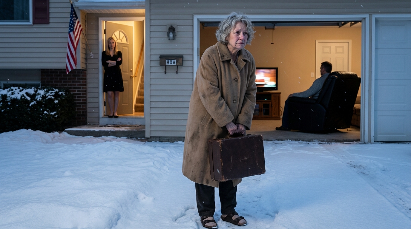 Minha nora me expulsou de casa na neve: “Se você não limpar o chão, vaza!” Congelando, ajudei um homem a trocar um pneu furado. Ele disse: “Você tem um bom coração.” Quando ele tirou o capuz, vi meu namorado do colegial… agora um bilionário. Ele abriu a porta do carro e disse algo que me paralisou…