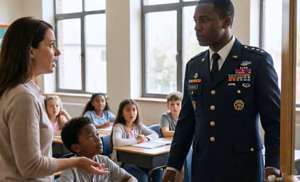 A professora o chamou de mentiroso por dizer que seu pai trabalhava no Pentágono! Até que um homem fardado entrou e disse: “Estou aqui pelo meu filho!” A turma inteira ficou paralisada…