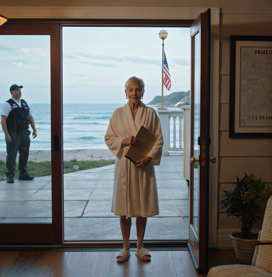 Eu estava relaxando na minha casa de praia em Santa Bárbara quando, às 5 da manhã, o alarme de segurança disparou. O guarda disse: “Sua nora está aqui com os carregadores. Ela diz que é a dona da casa.” Eu sorri: “Deixe-a entrar… deixe-a entrar. Ela vai ter uma surpresa…”