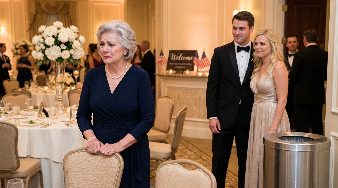 No casamento do meu filho, substituíram meu lugar por uma lata de lixo. “É só uma brincadeira, não faça tanto drama!”, disse minha nora. Todos riram. Mas quando revelei o teste de DNA do meu “neto”, os convidados ficaram chocados! A verdade não deixou como ela se esconder!