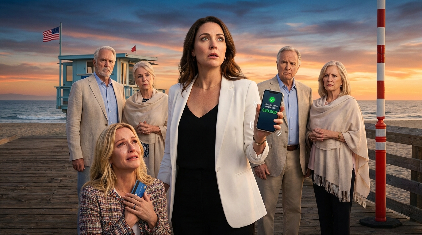 A high-stakes confrontation at sunset. In the center, an elegant woman in a white blazer and black top looks upward with a face of stunned realization and shock. She is holding a smartphone facing the camera, displaying a digital transaction screen. In the lower-left foreground, a younger blonde woman in a textured multi-colored jacket is looking up with an expression of profound distress and guilt, clutching a blue credit card tightly against her chest with both hands. Behind them, a group of four older people (two men and two women) watch the scene with expressions of stern judgment and concern. None of the characters look directly at the camera. The acting is grounded and realistic, focusing on intense emotional tension without any theatrical over-acting. Characters’ Style: The central woman looks authoritative but shaken. The seated blonde woman looks vulnerable and caught. The older background characters are dressed in formal and semi-formal coastal attire. Setting & Details: A scenic beach pier at sunset. The sky is a gradient of orange, pink, and deep blue. In the background, a light blue lifeguard tower with an American flag flying on top is visible. The ocean is calm behind them. A red and white striped pole stands to the right. Warm, golden hour lighting hits the characters’ faces. Motion & Camera: The camera is steady with a very slow, subtle zoom-in on the central woman and the phone she is holding. Minimal and realistic movement: the central woman’s hand holding the phone trembles slightly, the blonde woman’s chest heaves with shallow, nervous breath, and the people in the background shift their gaze slightly between the two women. Subtle facial micro-expressions of shock and regret. Shallow depth of field with sharp focus on the phone and the two main women.